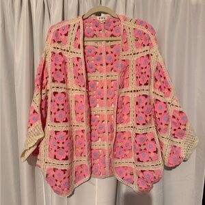 POL Pink & Cream Crocheted Floral Open Cardigan